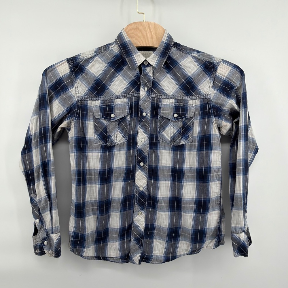 Ariat Button Down Shirt Womens L Blue White Plaid Western Pearl Snap Long Sleeve